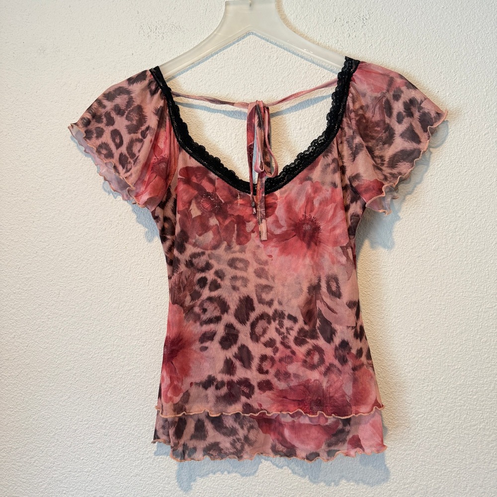 Good Days Project Womens Pink Leopard Floral Mesh Lace Trim Tie Back Top Small